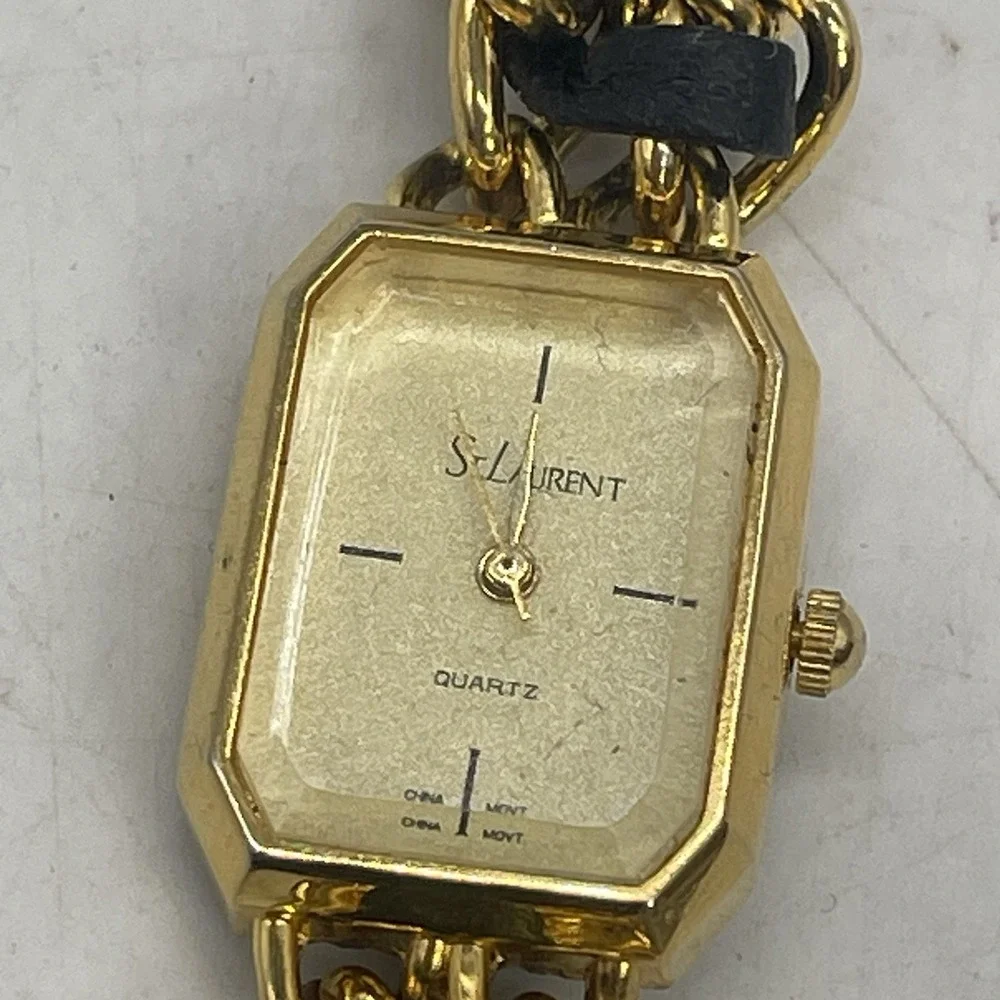Saint Laurent Womens Watch 18mm Gold Tone Chain Black Leather Untested